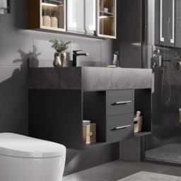 "40"" Floating Bathroom Vanity with Sintered Stone Vessel Sink Black and Gray" - thumbnail 2