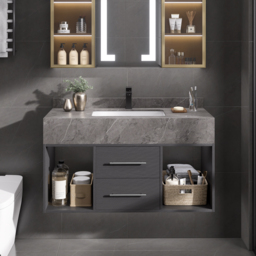 "40"" Floating Bathroom Vanity with Sintered Stone Vessel Sink Black and Gray" - thumbnail 9