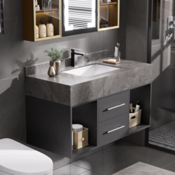 "40"" Floating Bathroom Vanity with Sintered Stone Vessel Sink Black and Gray" - thumbnail 1