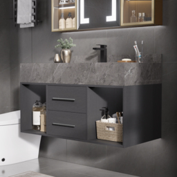 "40"" Floating Bathroom Vanity with Sintered Stone Vessel Sink Black and Gray" - thumbnail 3