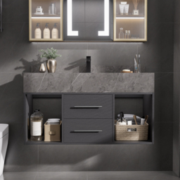 "40"" Floating Bathroom Vanity with Sintered Stone Vessel Sink Black and Gray" - thumbnail 8