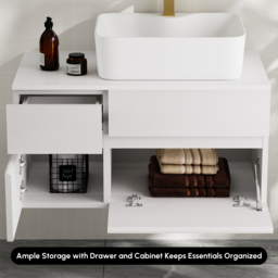80 cm White Floating Bathroom Vanity Right Offset Vessel Sink - thumbnail 9