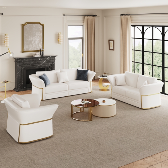 Modern Faux Leather Living Room Sofa Set in White Set of 3 - image 1
