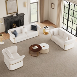 Modern Faux Leather Living Room Sofa Set in White Set of 3 - thumbnail 2