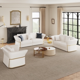 Modern Faux Leather Living Room Sofa Set in White Set of 3