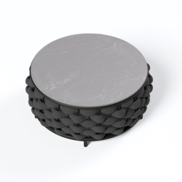 Cocaro Modern Faux Marble Top Round Outdoor Coffee Table with Woven Rope Base in Black - thumbnail 5