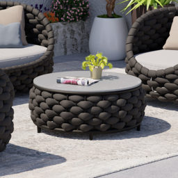 Cocaro Modern Faux Marble Top Round Outdoor Coffee Table with Woven Rope Base in Black - thumbnail 2