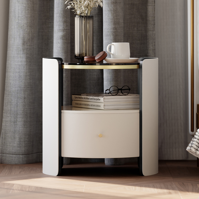 Modern Round White Leather Bedside Table with Glass Top & Sintered Stone Bedside with Shelf - image 1