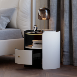 Modern Round White Leather Bedside Table with Glass Top & Sintered Stone Bedside with Shelf - thumbnail 3