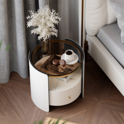 Modern Round White Leather Bedside Table with Glass Top & Sintered Stone Bedside with Shelf - thumbnail 2