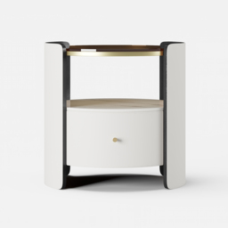 Modern Round White Leather Bedside Table with Glass Top & Sintered Stone Bedside with Shelf - thumbnail 8