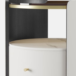 Modern Round White Leather Bedside Table with Glass Top & Sintered Stone Bedside with Shelf - thumbnail 7