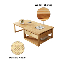 Japandi Wooden Folding Coffee Table Set Dining Table Rattan Nesting Accent Table - thumbnail 8