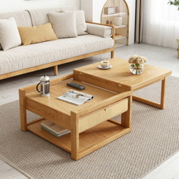 Japandi Wooden Folding Coffee Table Set Dining Table Rattan Nesting Accent Table - thumbnail 3