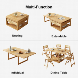 Japandi Wooden Folding Coffee Table Set Dining Table Rattan Nesting Accent Table - thumbnail 6