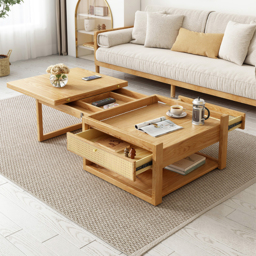 Japandi Wooden Folding Coffee Table Set Dining Table Rattan Nesting Accent Table - thumbnail 1