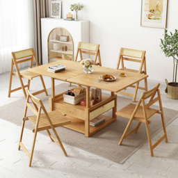 Japandi Wooden Folding Coffee Table Set Dining Table Rattan Nesting Accent Table - thumbnail 2