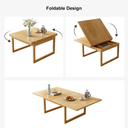 Japandi Wooden Folding Coffee Table Set Dining Table Rattan Nesting Accent Table - thumbnail 7