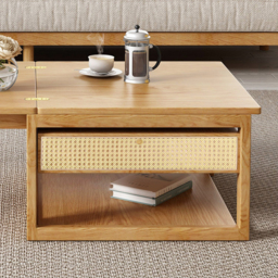Japandi Wooden Folding Coffee Table Set Dining Table Rattan Nesting Accent Table - thumbnail 5