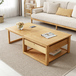 Japandi Wooden Folding Coffee Table Set Dining Table Rattan Nesting Accent Table - thumbnail 4