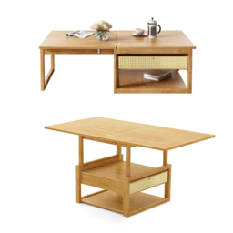 Japandi Wooden Folding Coffee Table Set Dining Table Rattan Nesting Accent Table - thumbnail 9
