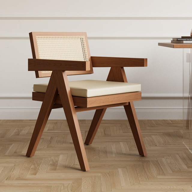 Archic Walnut Japandi Rattan Dining Chair with Upholstery & Solid Wood Frame - image 1
