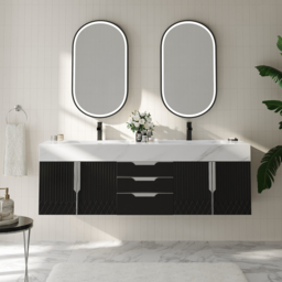 Aro 150 cm Black Double Basin Wall Mounted Bathroom Vanity with Drawers Faux Marble Top