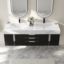 Aro 1500mm Black Double Basin Wall Mounted Bathroom Vanity with Drawers Faux Marble Top - thumbnail 2