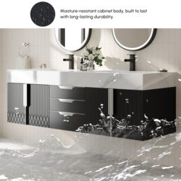 Aro 1500mm Black Double Basin Wall Mounted Bathroom Vanity with Drawers Faux Marble Top - thumbnail 8