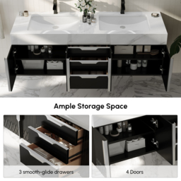 Aro 1500mm Black Double Basin Wall Mounted Bathroom Vanity with Drawers Faux Marble Top - thumbnail 4