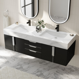 Aro 1500mm Black Double Basin Wall Mounted Bathroom Vanity with Drawers Faux Marble Top - thumbnail 3