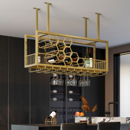 970mm Metal Hanging Wine Rack Golden Bar Shelf Floating Wine Glass Holder - thumbnail 4