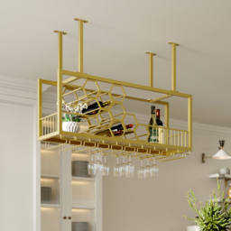 970mm Metal Hanging Wine Rack Golden Bar Shelf Floating Wine Glass Holder - thumbnail 2