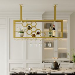 970mm Metal Hanging Wine Rack Golden Bar Shelf Floating Wine Glass Holder - thumbnail 1