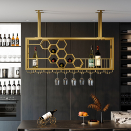 970mm Metal Hanging Wine Rack Golden Bar Shelf Floating Wine Glass Holder - thumbnail 3