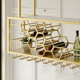970mm Metal Hanging Wine Rack Golden Bar Shelf Floating Wine Glass Holder - thumbnail 5