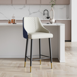 Diamic Blue Counter Stool Bar Stool with Footrest Upholstered PU Leather High Back & Arms 2-Pieces - thumbnail 1