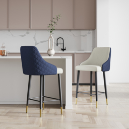 Diamic Blue Counter Stool Bar Stool with Footrest Upholstered PU Leather High Back & Arms 2-Pieces - thumbnail 2