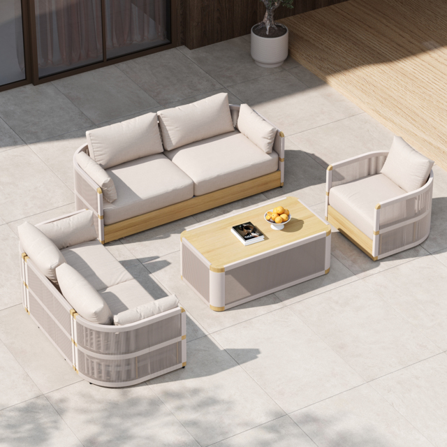 Costra 4-piece Modern Aluminium & Rope Outdoor Swivel Sofa Set with Coffee Table in Khaki for 6 People, Modern Wood Outdoor & Yard Rope Sofa Set - image 1