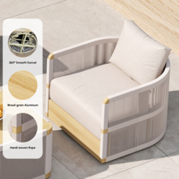 Costra 4-piece Modern Aluminium & Rope Outdoor Swivel Sofa Set with Coffee Table in Khaki for 6 People, Modern Wood Outdoor & Yard Rope Sofa Set - thumbnail 6