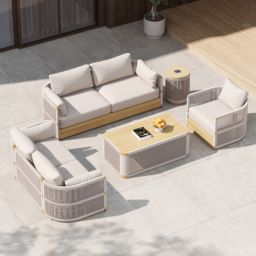 Costra 4-piece Modern Aluminium & Rope Outdoor Swivel Sofa Set with Coffee Table in Khaki for 6 People, Modern Wood Outdoor & Yard Rope Sofa Set - thumbnail 5