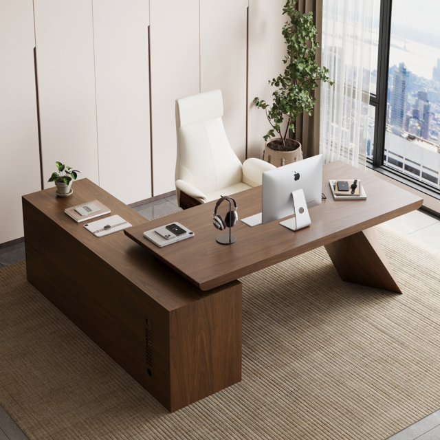 Modern Walnut L-Shape Executive Desk Drawers & Cabinet Home Office Desk Right Hand (180 cm) - image 1