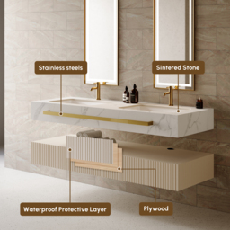 "57"" White Wall Mounted Double Sink Bathroom Vanity with 3 Drawers Faux Marble Top" - thumbnail 8