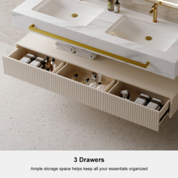 "57"" White Wall Mounted Double Sink Bathroom Vanity with 3 Drawers Faux Marble Top" - thumbnail 9