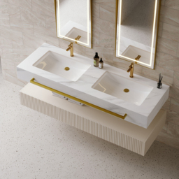 "57"" White Wall Mounted Double Sink Bathroom Vanity with 3 Drawers Faux Marble Top"