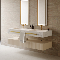 "57"" White Wall Mounted Double Sink Bathroom Vanity with 3 Drawers Faux Marble Top" - thumbnail 3