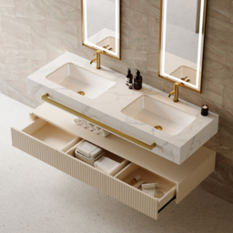 "57"" White Wall Mounted Double Sink Bathroom Vanity with 3 Drawers Faux Marble Top" - thumbnail 4