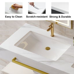 "57"" White Wall Mounted Double Sink Bathroom Vanity with 3 Drawers Faux Marble Top" - thumbnail 7