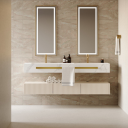 "57"" White Wall Mounted Double Sink Bathroom Vanity with 3 Drawers Faux Marble Top" - thumbnail 5