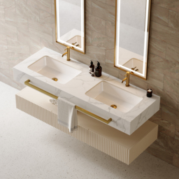"57"" White Wall Mounted Double Sink Bathroom Vanity with 3 Drawers Faux Marble Top" - thumbnail 2
